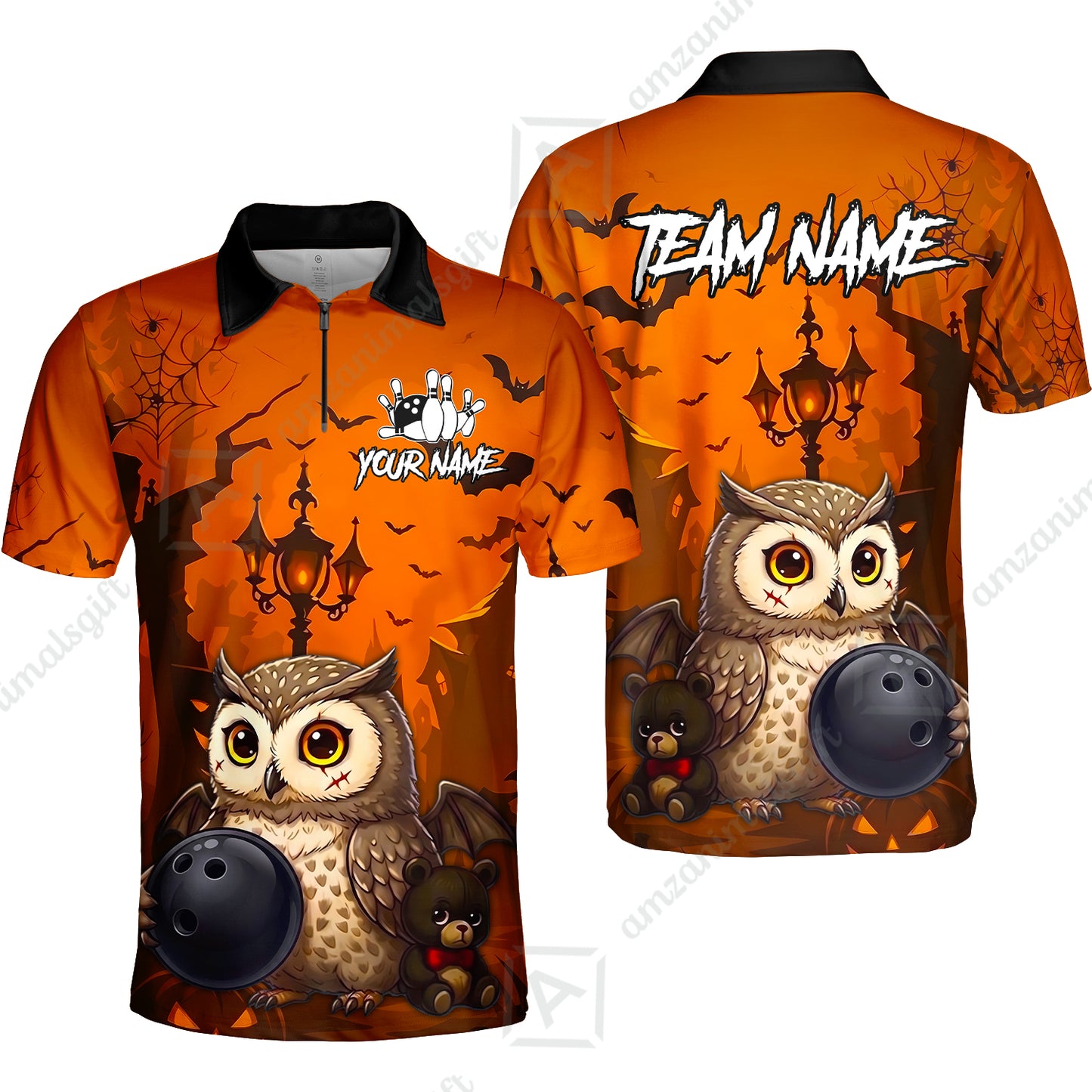Custom Bowling Jersey Polo Shirt, Owl In Halloween, Personalized Name And Team Name
