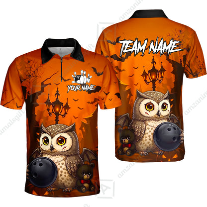Custom Bowling Jersey Polo Shirt, Owl In Halloween, Personalized Name And Team Name