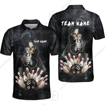 Custom Bowling Jersey Polo Shirt, Badass Smoking Skeleton Nun Gun Strike, Custom Bowling Jersey Team Shirt For Players With Name & Team Name
