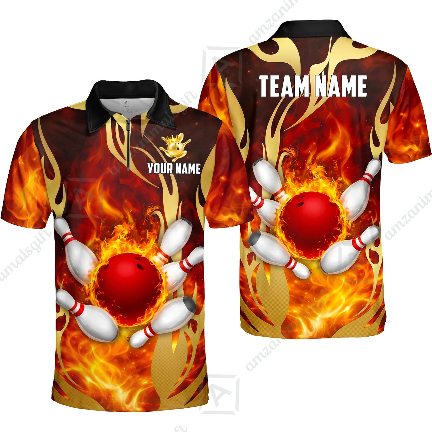 Custom Bowling Jersey Polo Shirt, Abyssal Fire & Golden Flames, Custom Bowling Jersey Team Shirt For Players With Name & Team Name