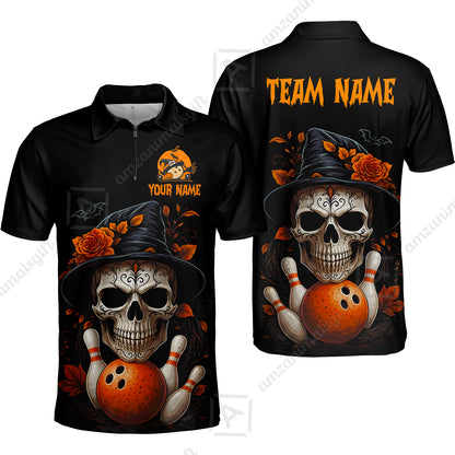 Customized Bowling Shirt, Halloween Skull Witch, Personalized Polo Shirt For Players With Name & Team Name