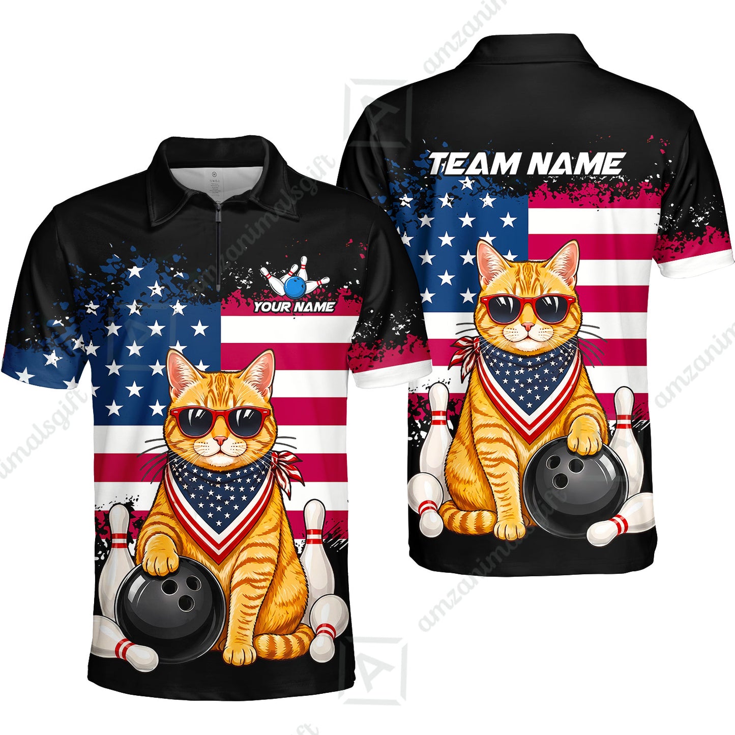Custom Bowling Jersey Polo Shirt, Animal With Glasses And Bandana America Flag, Personalize Name & Team Name