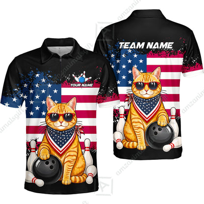 Custom Bowling Jersey Polo Shirt, Animal With Glasses And Bandana America Flag, Personalize Name & Team Name