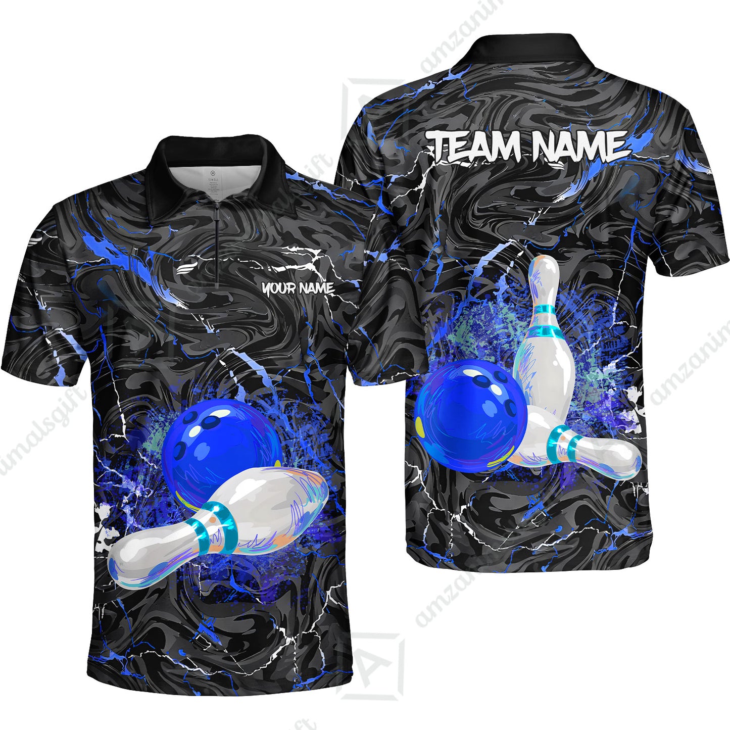 Customized Bowling Unisex Polo Shirt, Swirling Marbled Pattern Vibrant Veins, Bowling Uniforms, Personalized Name And Team Name