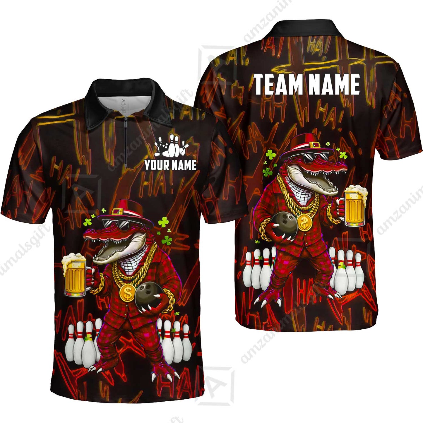 Custom Bowling Jersey Polo Shirt, Lucky Alligator St Patricks Beer, Custom Bowling Jersey Team Shirt For Players With Name & Team Name