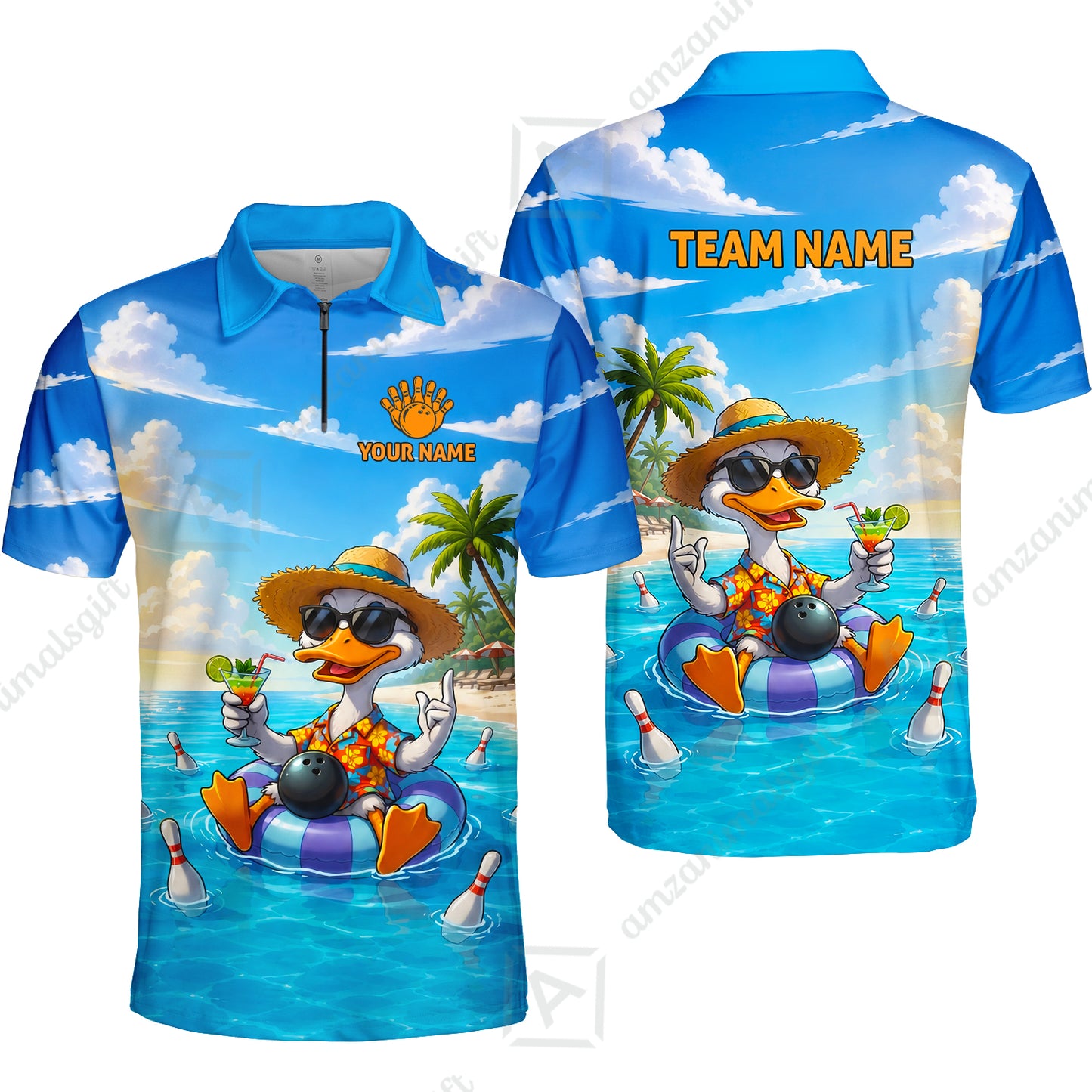 Custom Bowling Jersey Polo Shirt, Tropical Beach Duck Vacation Bowling, Custom Bowling Jersey Team Shirt For Players With Name and Team Name