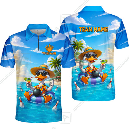 Custom Bowling Jersey Polo Shirt, Tropical Beach Duck Vacation Bowling, Custom Bowling Jersey Team Shirt For Players With Name and Team Name