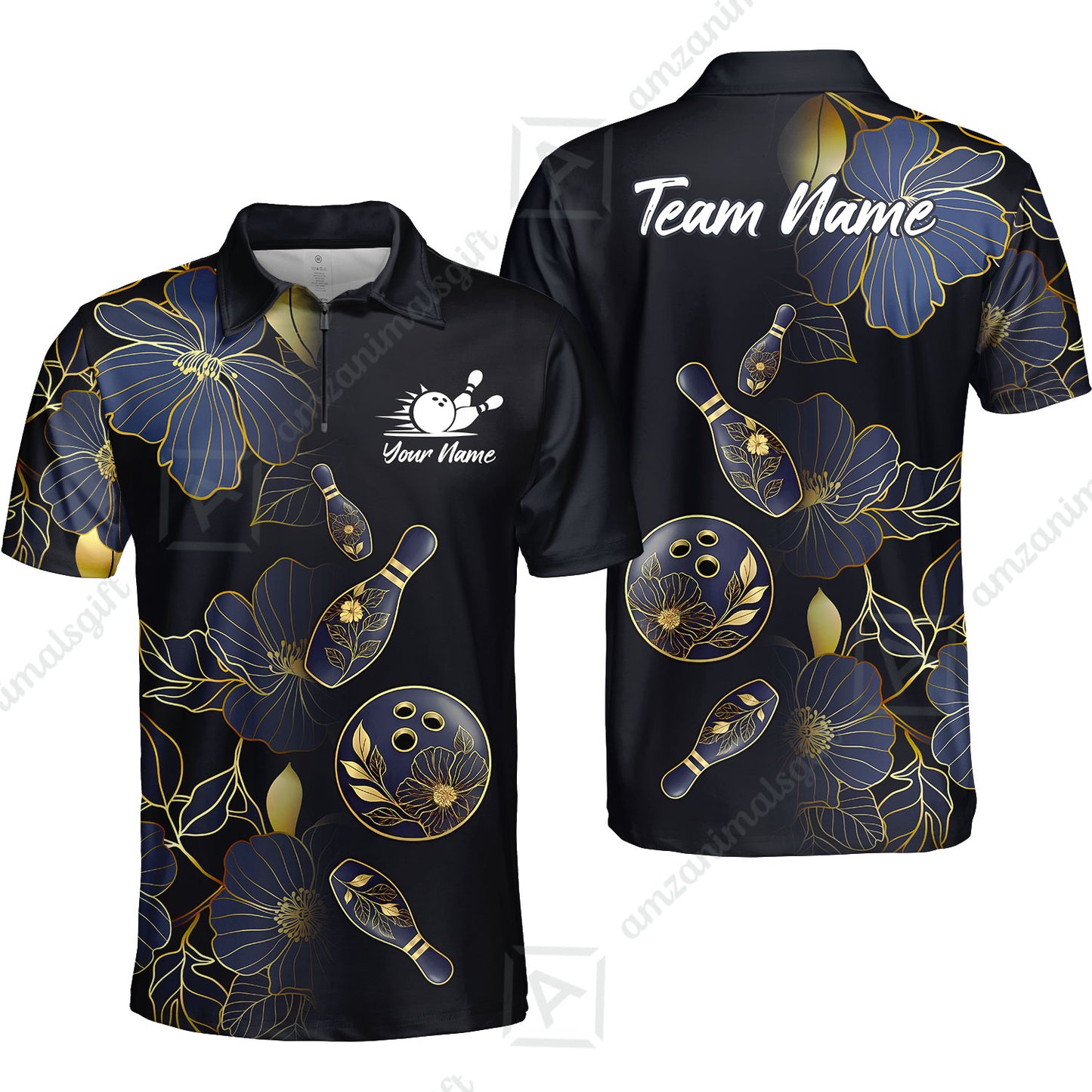 Custom Bowling Jersey Polo Shirt, Flower Bowling Pattern Gradient Gold, Custom Bowling Jersey Team Shirt For Players With Name and Team Name