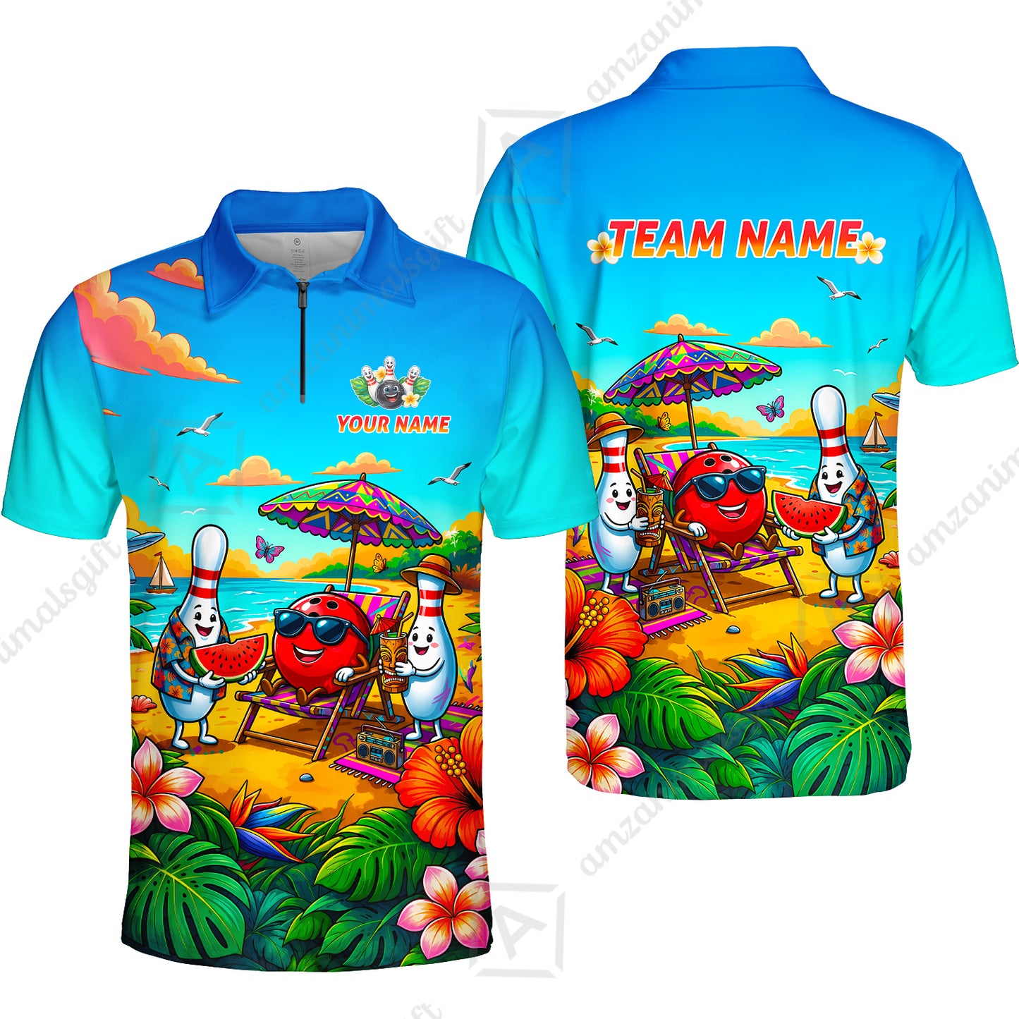 Custom Bowling Jersey Polo Shirt, Tropical Strikes, Custom Bowling Jersey Team Shirt For Players With Name and Team Name