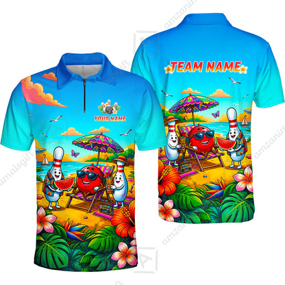 Custom Bowling Jersey Polo Shirt, Tropical Strikes, Custom Bowling Jersey Team Shirt For Players With Name and Team Name