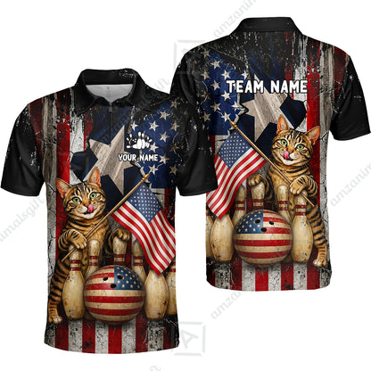 Custom Bowling Jersey Polo Shirt, American Flag and Alley Cats, Custom Bowling Jersey Team Shirt For Players With Name and Team Name