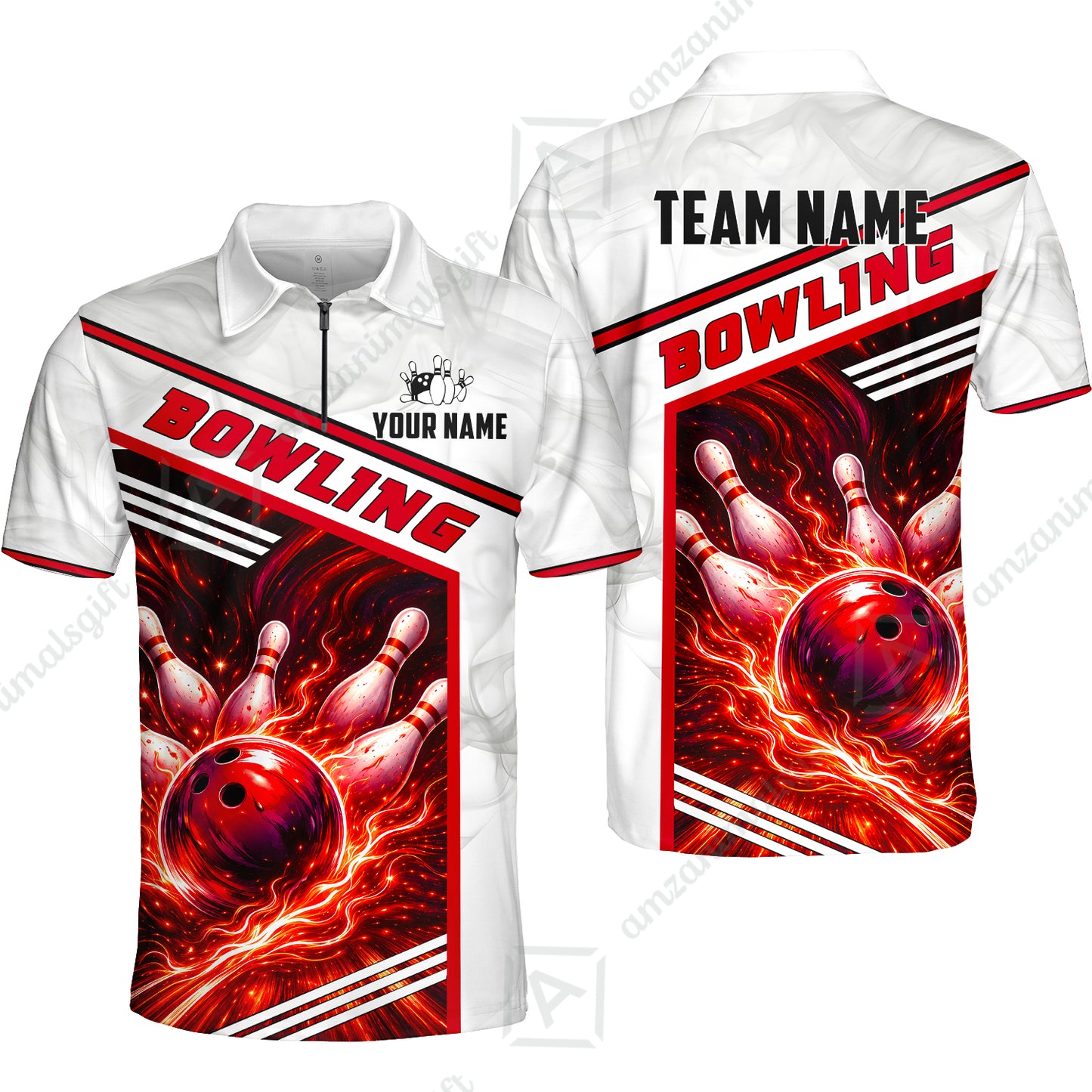 Custom Bowling Jersey Polo Shirt, Retro Racing & Fire Strike, Custom Bowling Jersey Team Shirt For Players With Name & Team Name