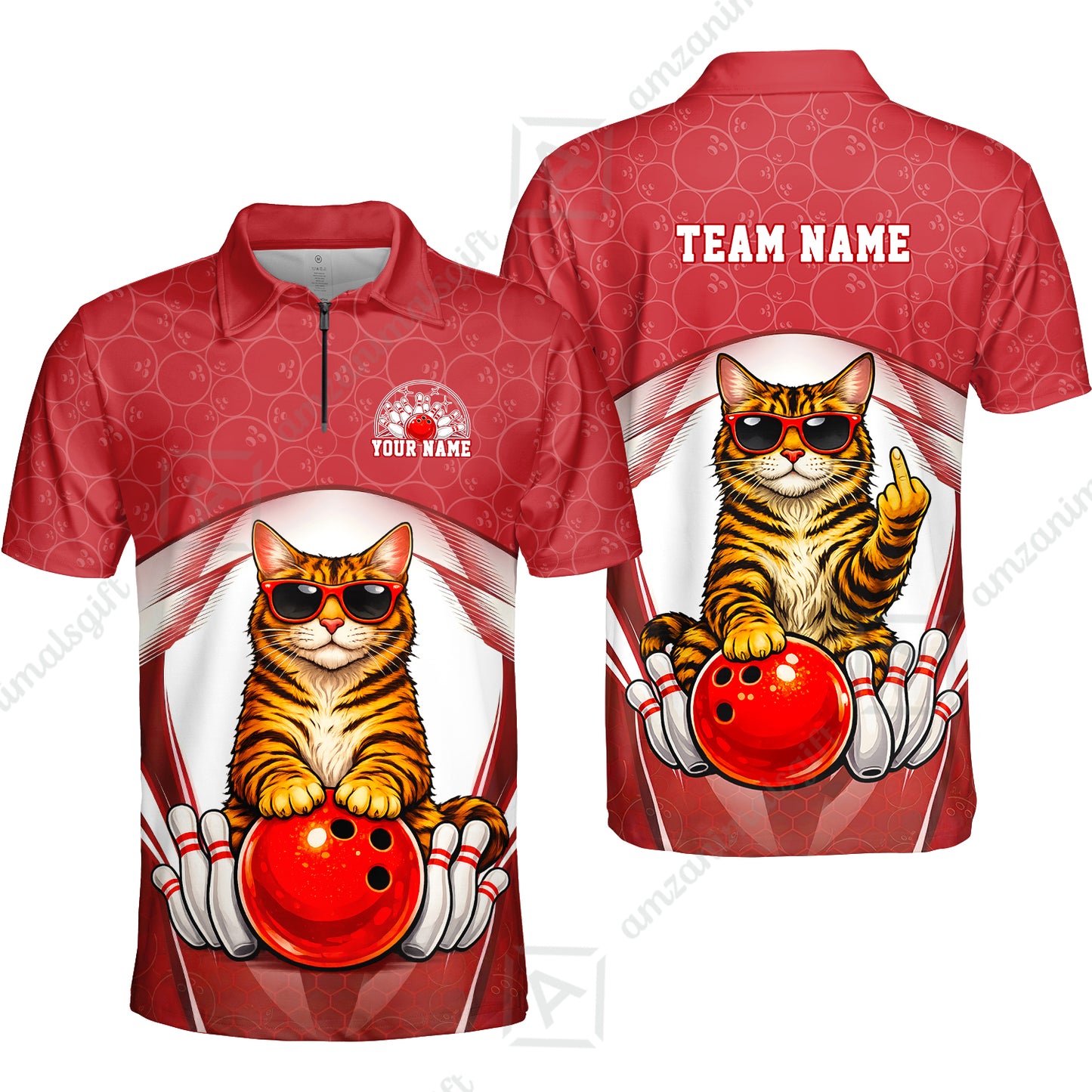 Custom Bowling Polo Shirt, Funny Cat with Sunglasses Bowling Custom Bowling Polo Team Shirt For Players With Name & Team Name
