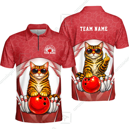Custom Bowling Polo Shirt, Funny Cat with Sunglasses Bowling Custom Bowling Polo Team Shirt For Players With Name & Team Name