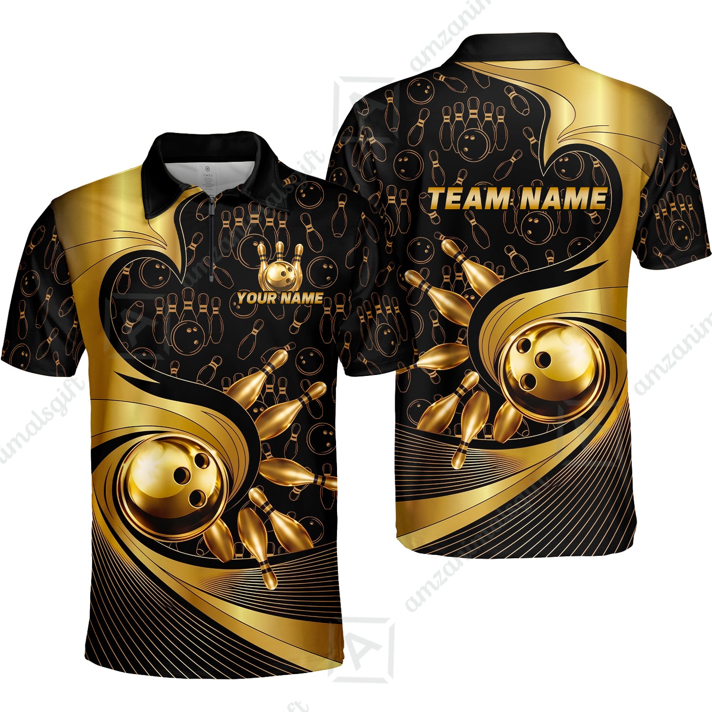 Custom Bowling Jersey Polo Shirt, Bowling Gold Swirling Pattern, Personalize Name and Team Name
