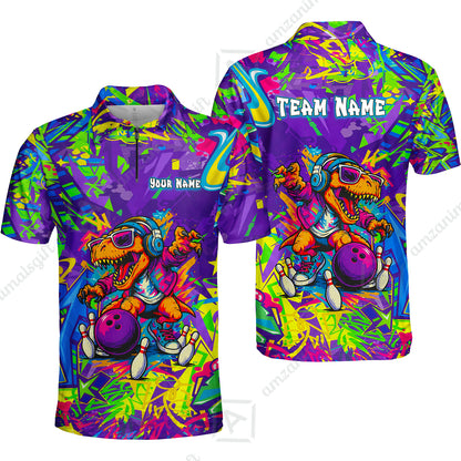 Custom Bowling Jersey Polo Shirt, Vibrant Neon Graffiti DJ T-Rex, Custom Bowling Jersey Team Shirt For Players With Name and Team Name