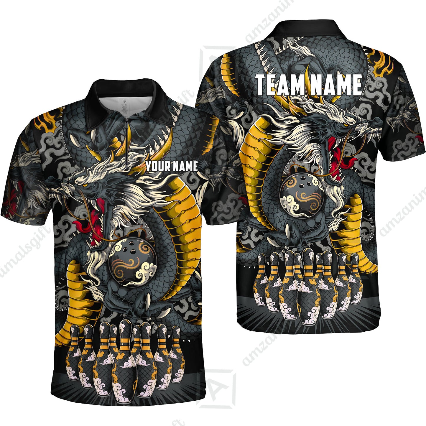 Custom Bowling Jersey Polo Shirt, Oriental Jade Dragon & Classic Clouds, Custom Bowling Jersey Team Shirt For Players With Name & Team Name