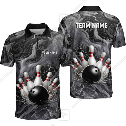 Custom Bowling Team Unisex Polo Shirt, Black Pearl Urethane Bowling Ball Marble Smoke Design for Bowlers