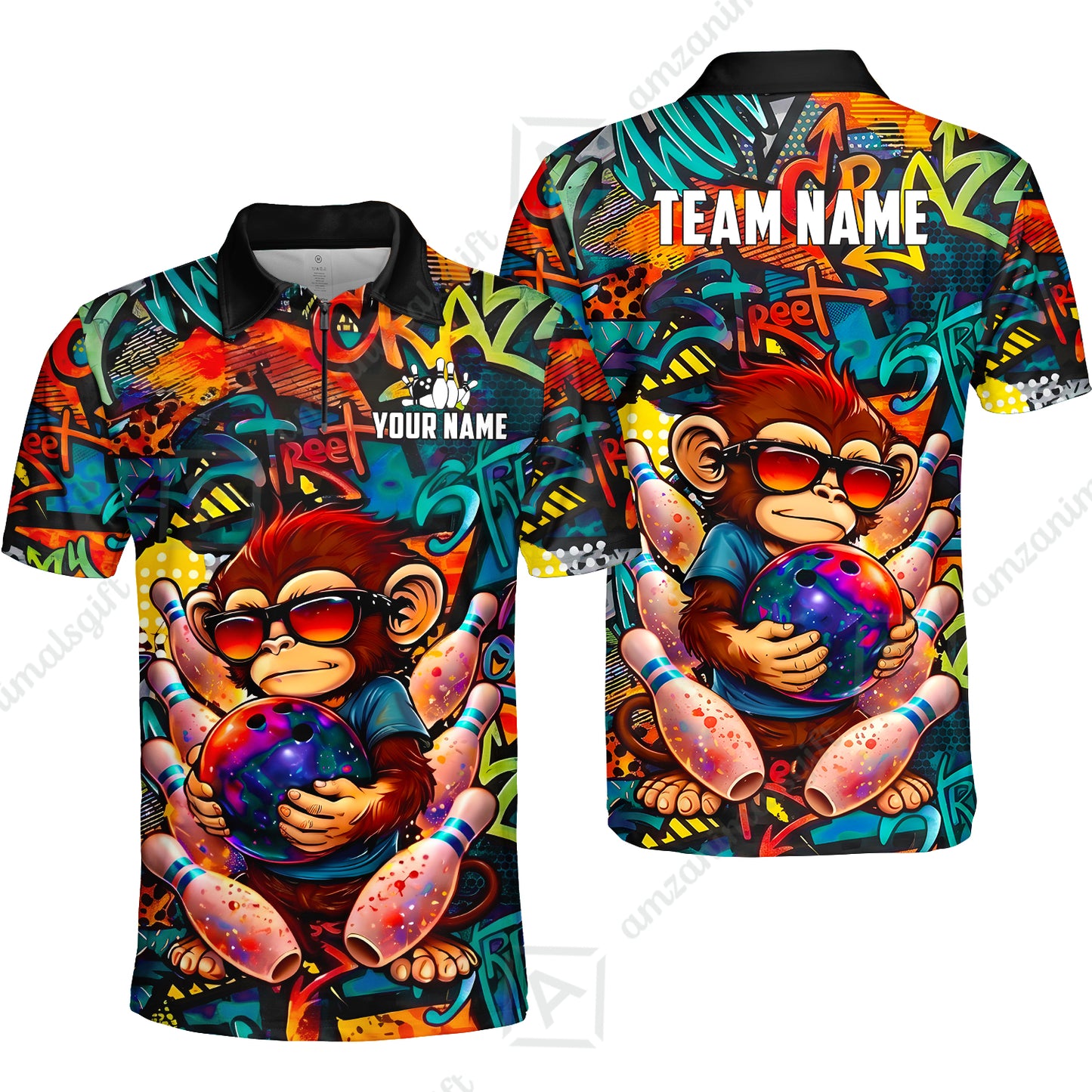 Custom Bowling Jersey Polo Shirt, Street Graffiti Funny Monkey Mascot, Custom Bowling Jersey Team Shirt For Players With Name & Team Name