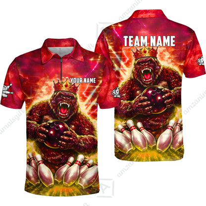 Custom Bowling Jersey Polo Shirt, King Gorilla Holding Bowling Ball, Custom Bowling Jersey Team Shirt For Players With Name & Team Name