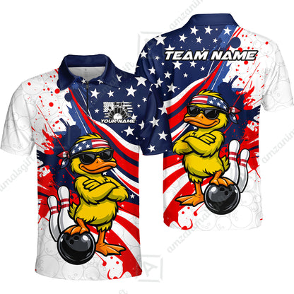 Custom Bowling Jersey Polo Shirt, Patriotic Cool Duckling Mascot, Custom Bowling Jersey Team Shirt For Players With Name and Team Name