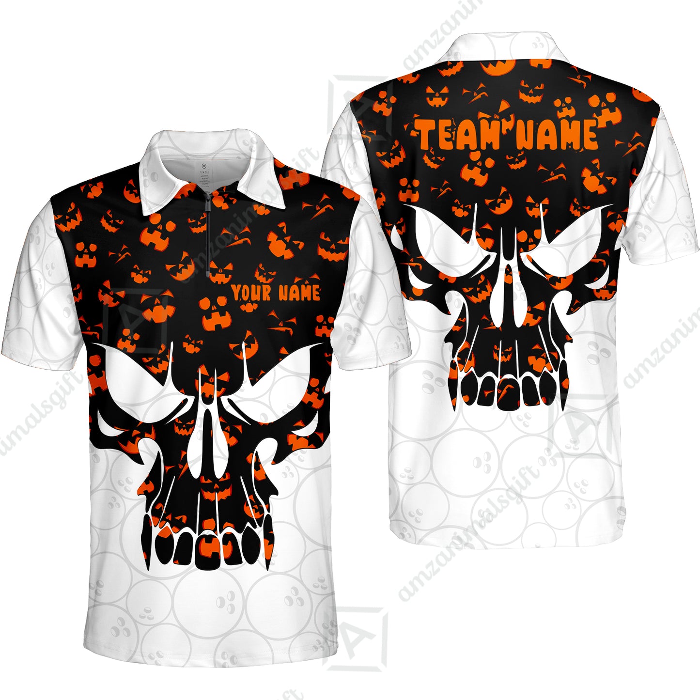 Custom Bowling Jersey Polo Shirt, Halloween Pattern Skull, Custom Bowling Jersey Team Shirt For Players With Name & Team Name