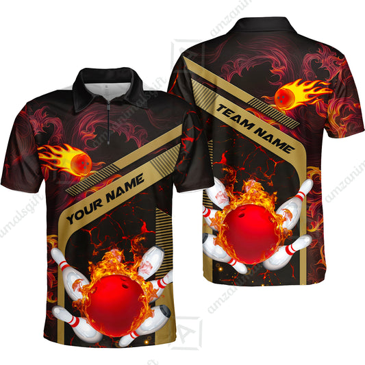 Customized Bowling Unisex Quarter-Zip Polo Shirt, Bowling In Flaming With Magna Pattern Zip Polo Shirt Uniform For Bowlers