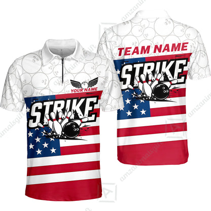 Custom Bowling Jersey Polo Shirt, Classic American Flag Block Strike, Custom Bowling Jersey Team Shirt For Players With Name and Team Name