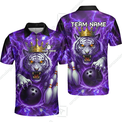 Custom Bowling Team Quarter-Zip Polo Shirt, Bowling White Tiger Lighting Shirt, Personalized Team Shirt with Custom Name