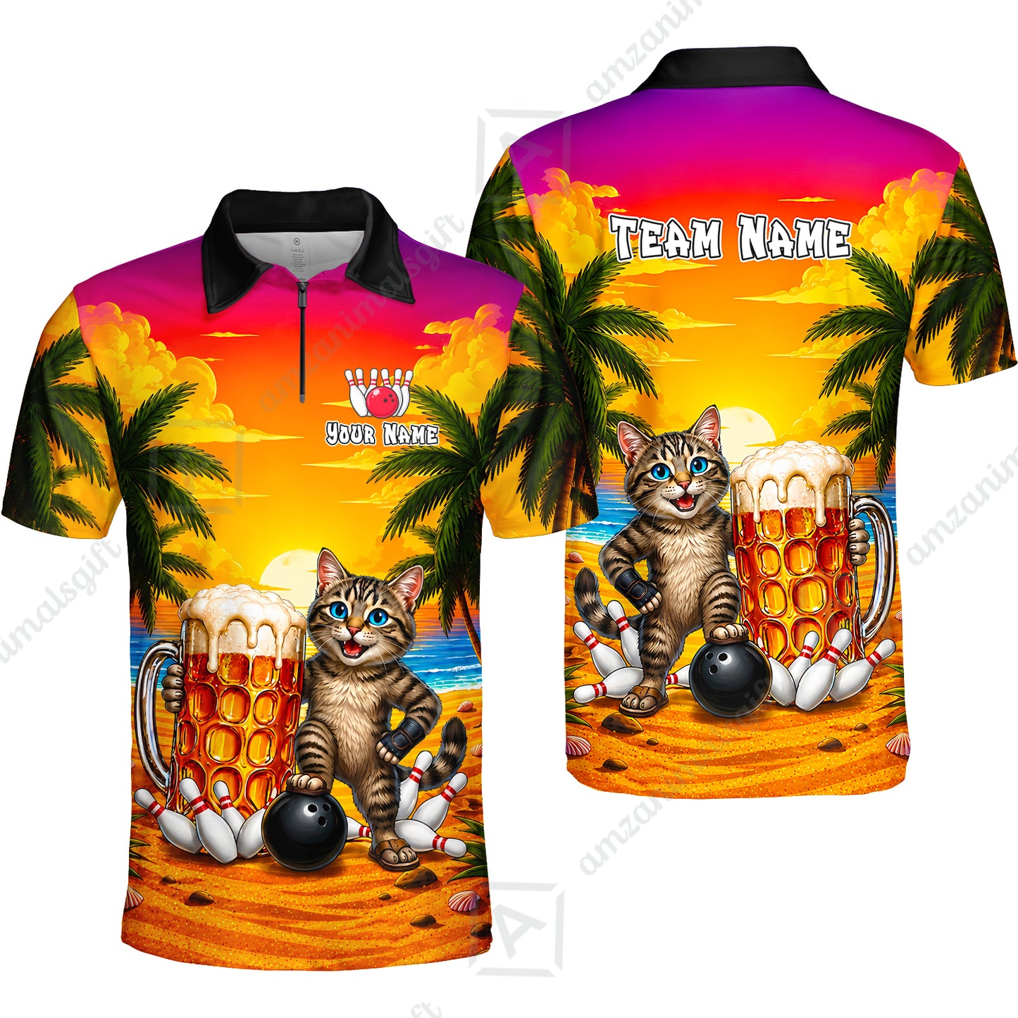 Custom Bowling Jersey Polo Shirt, Beer & Bowling Cat, Custom Bowling Jersey Team Shirt For Players With Name and Team Name