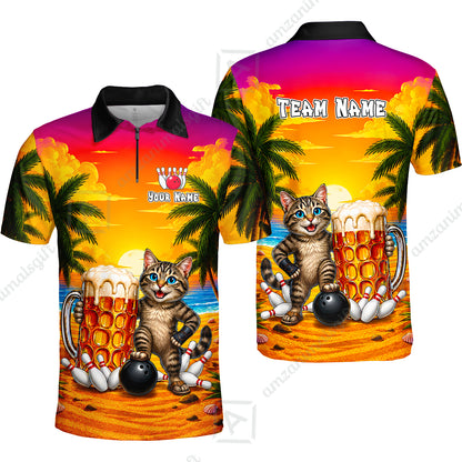 Custom Bowling Jersey Polo Shirt, Beer & Bowling Cat, Custom Bowling Jersey Team Shirt For Players With Name and Team Name