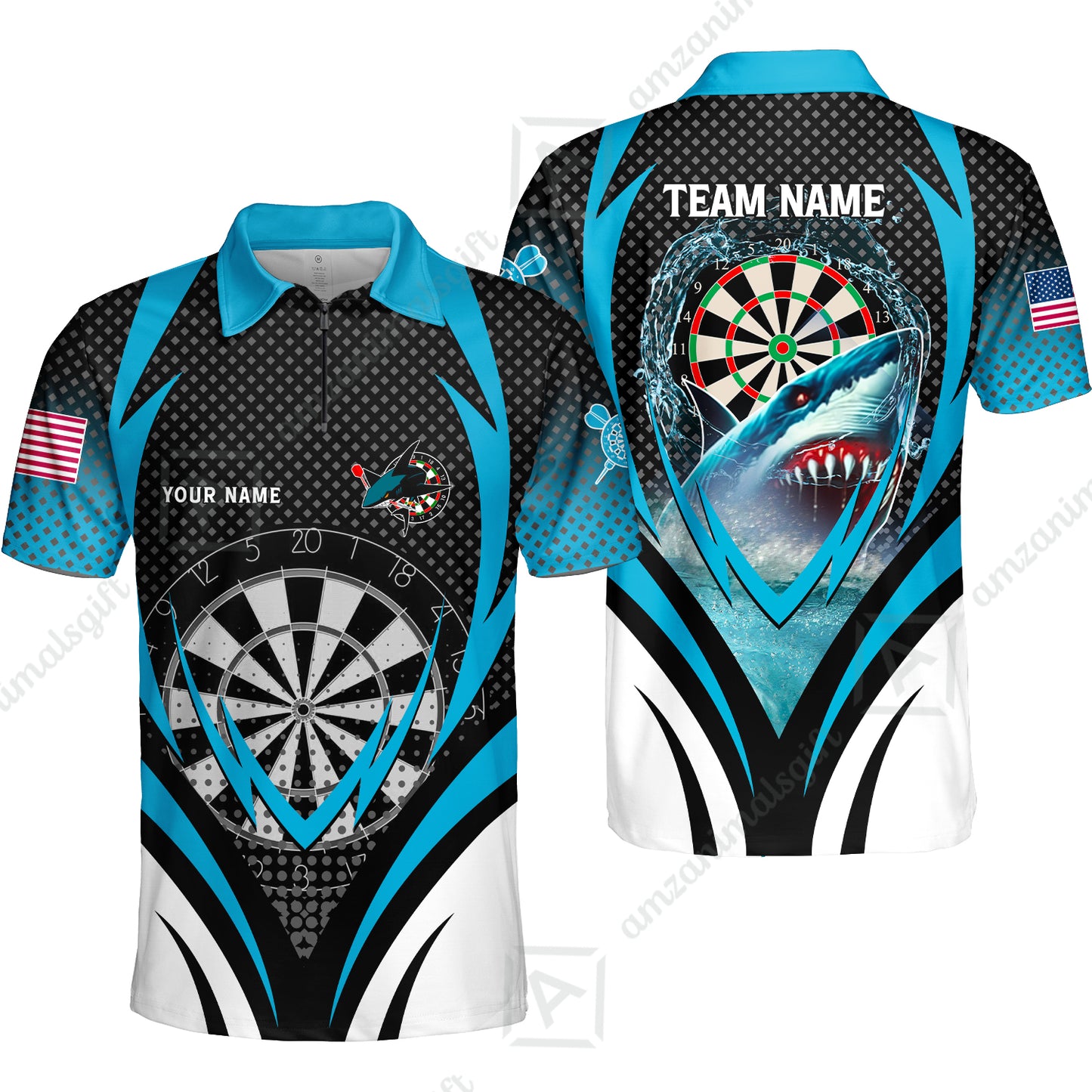 Custom Blue Dartboard Darts Team Jersey Polo Quarter-Zip Shirts, Customized Name Team Name Darts Team Jerseys Uniform