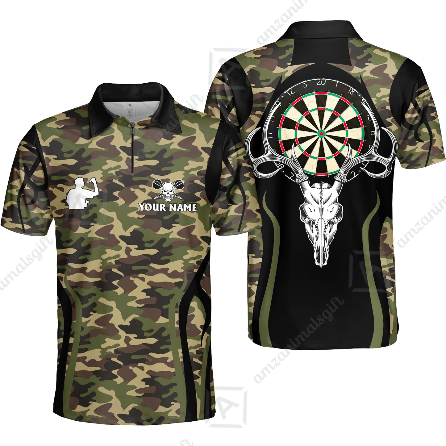 Customized Darts Team Quarter-Zip Polo Shirt, Camo Skull Deer Dartboard Polo Shirt With Name Team Name For Darts League