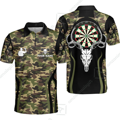 Customized Darts Team Quarter-Zip Polo Shirt, Camo Skull Deer Dartboard Polo Shirt With Name Team Name For Darts League