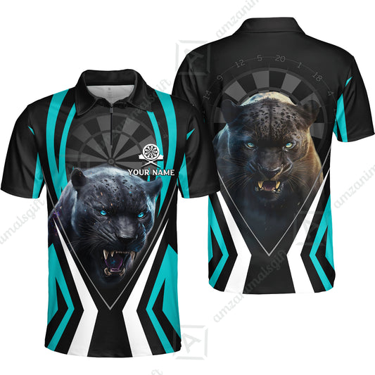 Black Panther And Darts Custom Name Quarter-Zip Polo Shirt, Bullseye Dartboard Personalized Quarter-Zip Polo Shirt Gift For Darts Lovers, Friends, Team