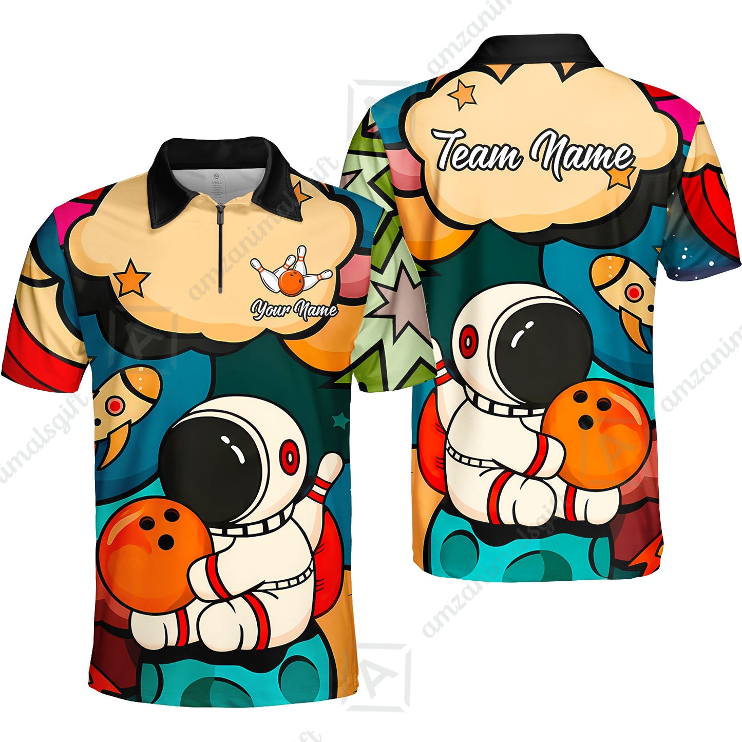 Custom Bowling Jersey Polo Shirt, Astronaut Bowling Galaxy Flight, Personalized Name And Team Name