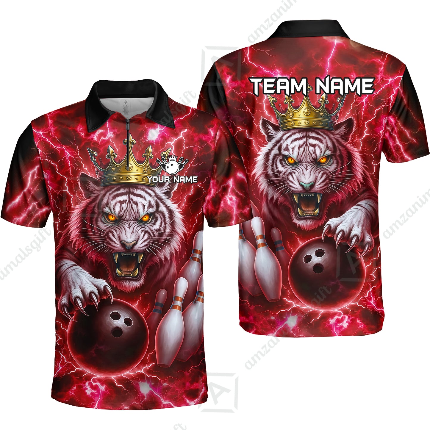 Custom Bowling Team Quarter-Zip Polo Shirt, Bowling White Tiger Lighting Shirt, Personalized Team Shirt with Custom Name