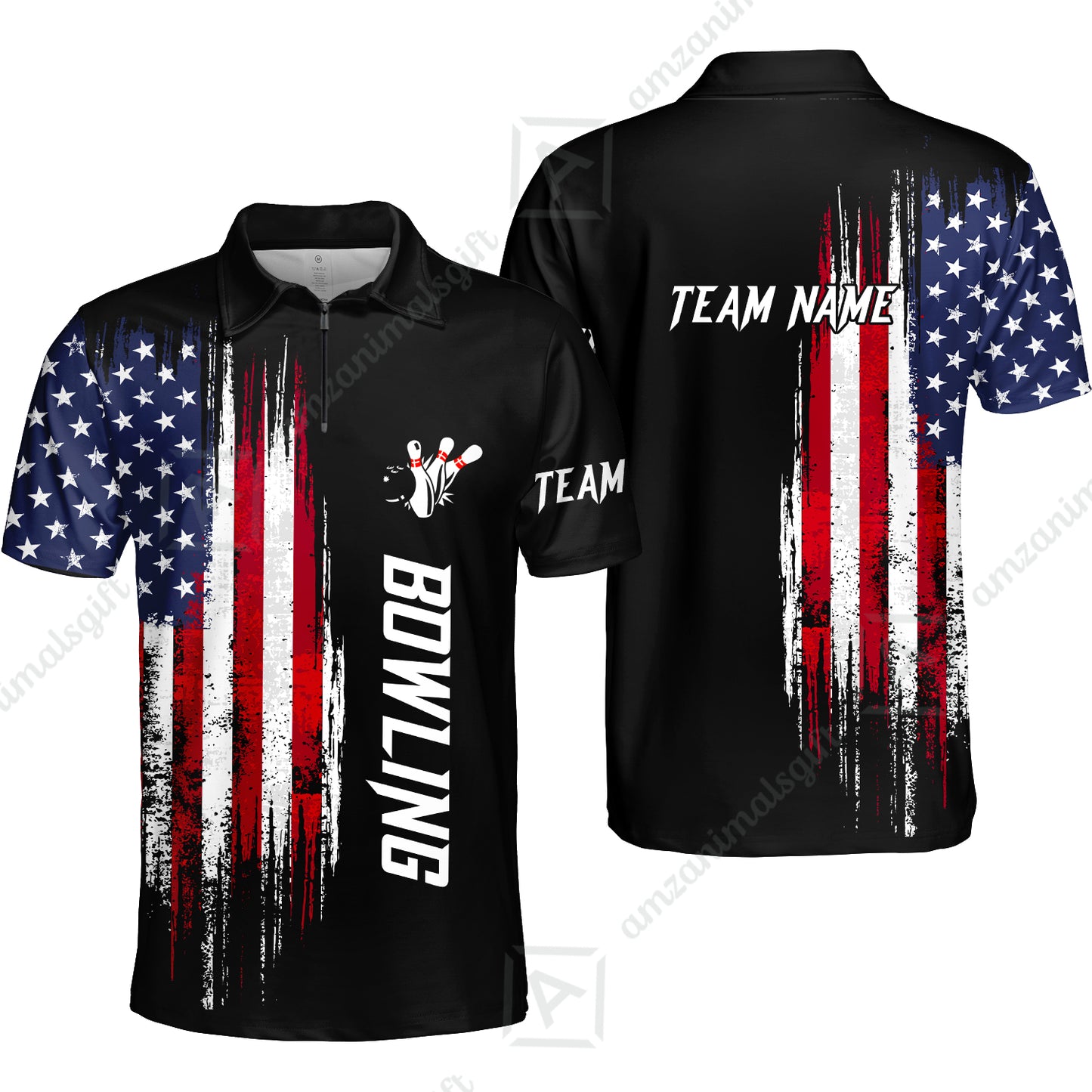 Personalized Polo American Flag Bowling Black Shirt, Bowling Jersey Shirt For Tournament Team Men Women Bowlers