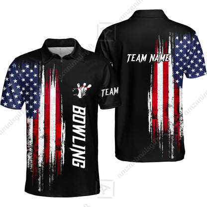 Personalized Polo American Flag Bowling Black Shirt, Bowling Jersey Shirt For Tournament Team Men Women Bowlers