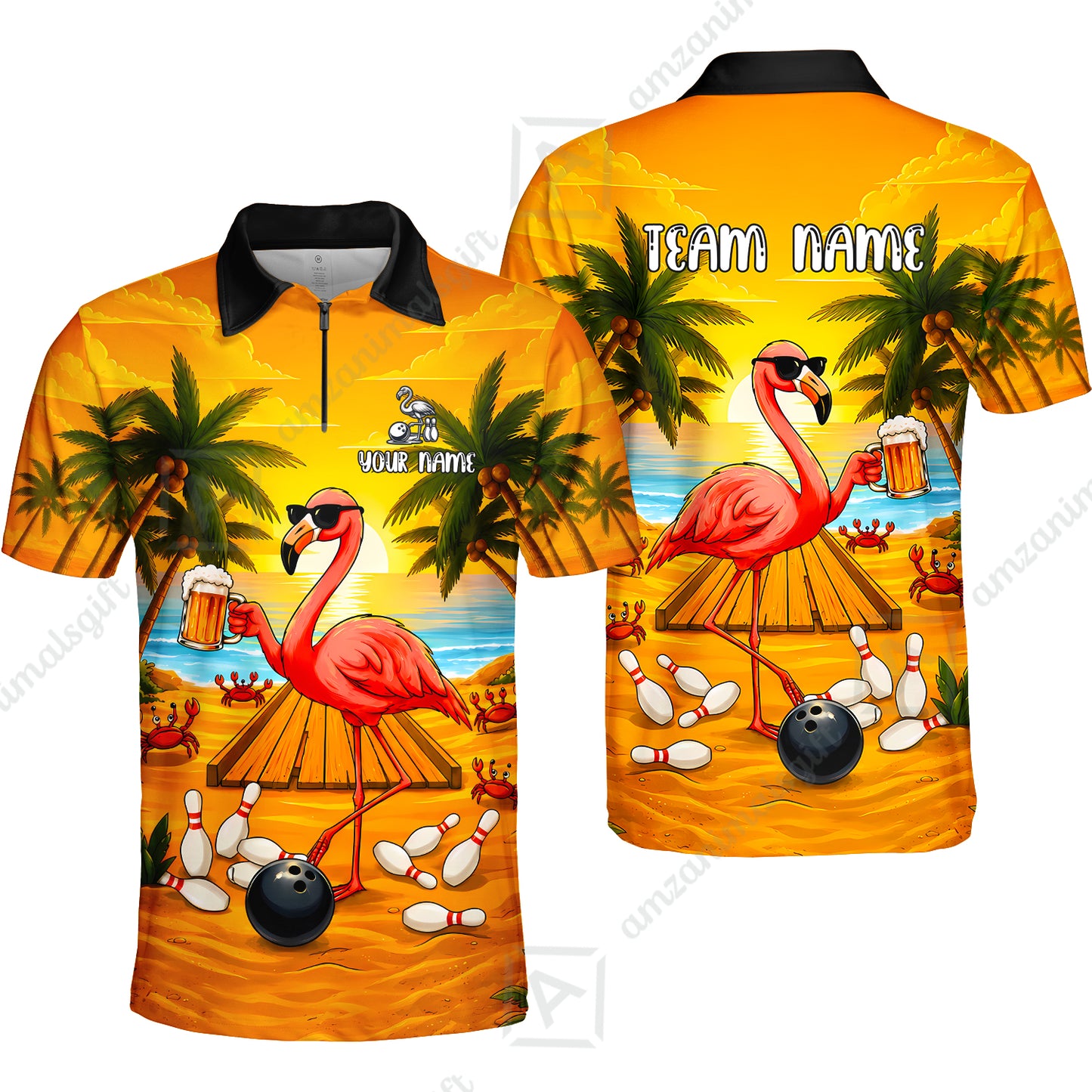 Customized Bowling Shirt, Beer & Flamingo Bowler Summer Vibe, Personalized Polo Shirt For Players With Name & Team Name