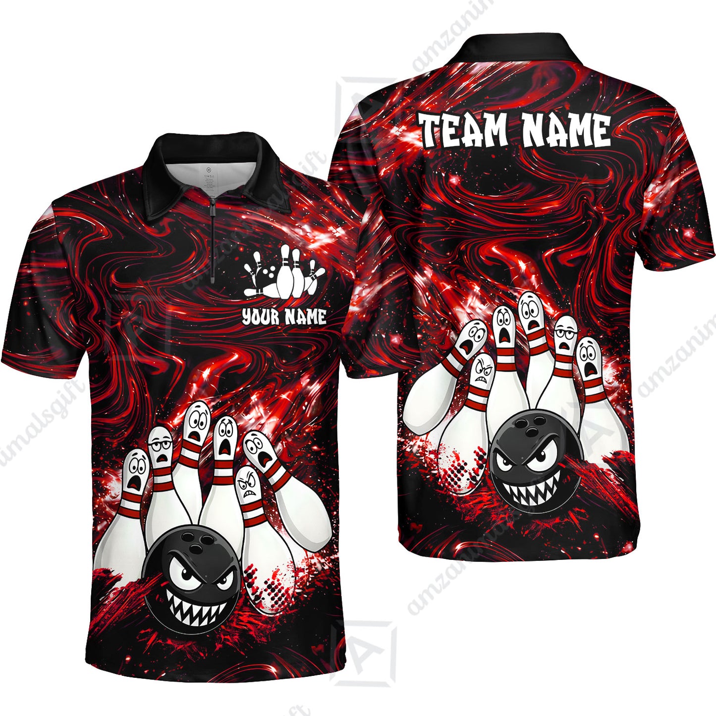 Customized Bowling Unisex Polo Shirt, Bowling Angry Ball VS Screaming Pins, Personalized Name And Team Name