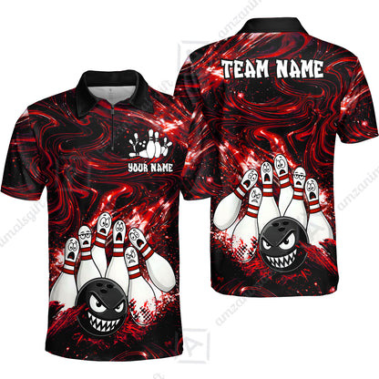 Customized Bowling Unisex Polo Shirt, Bowling Angry Ball VS Screaming Pins, Personalized Name And Team Name