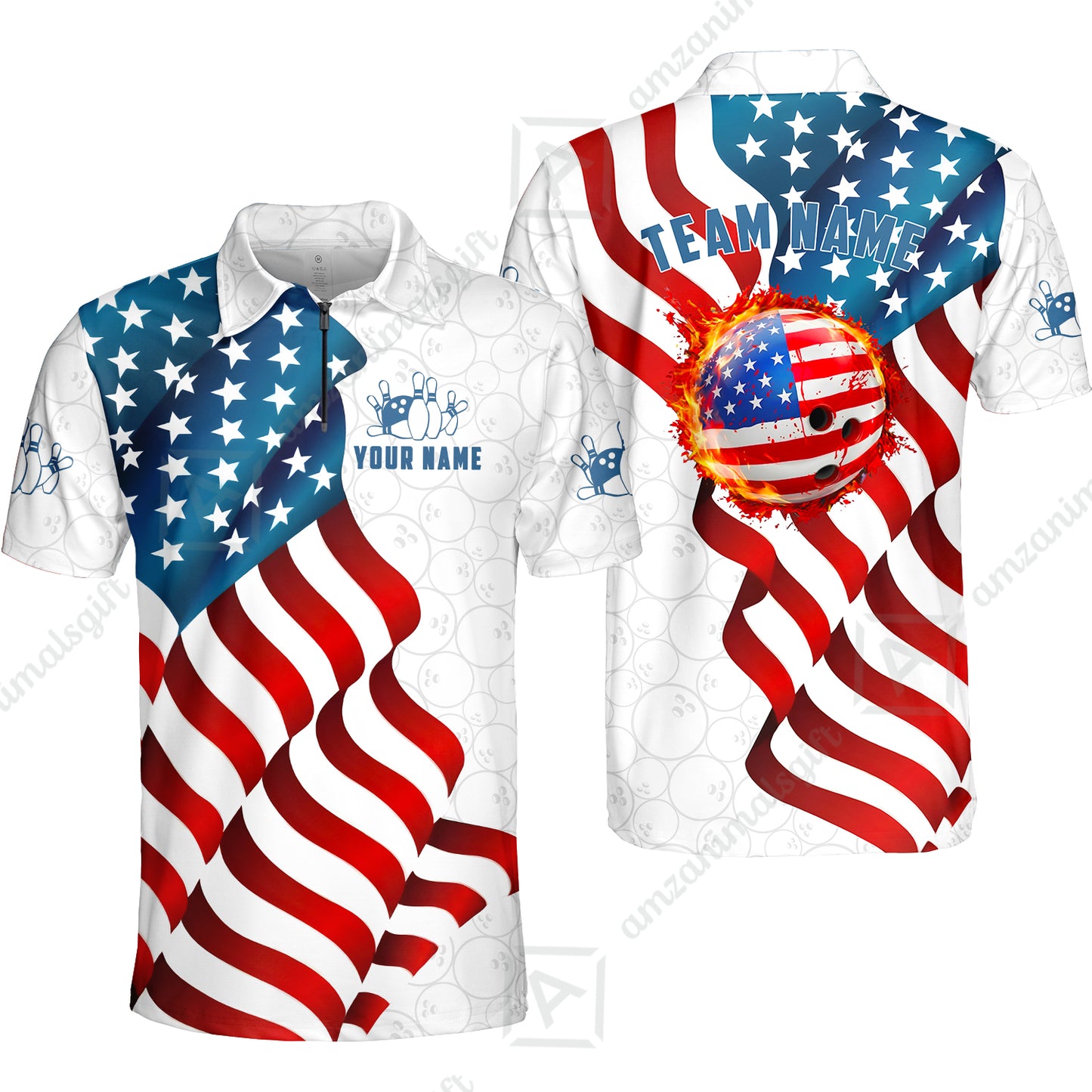 Custom Bowling Jersey Polo Shirt, Patriotic Waving USA Flag Fireball, Custom Bowling Jersey Team Shirt For Players With Name and Team Name