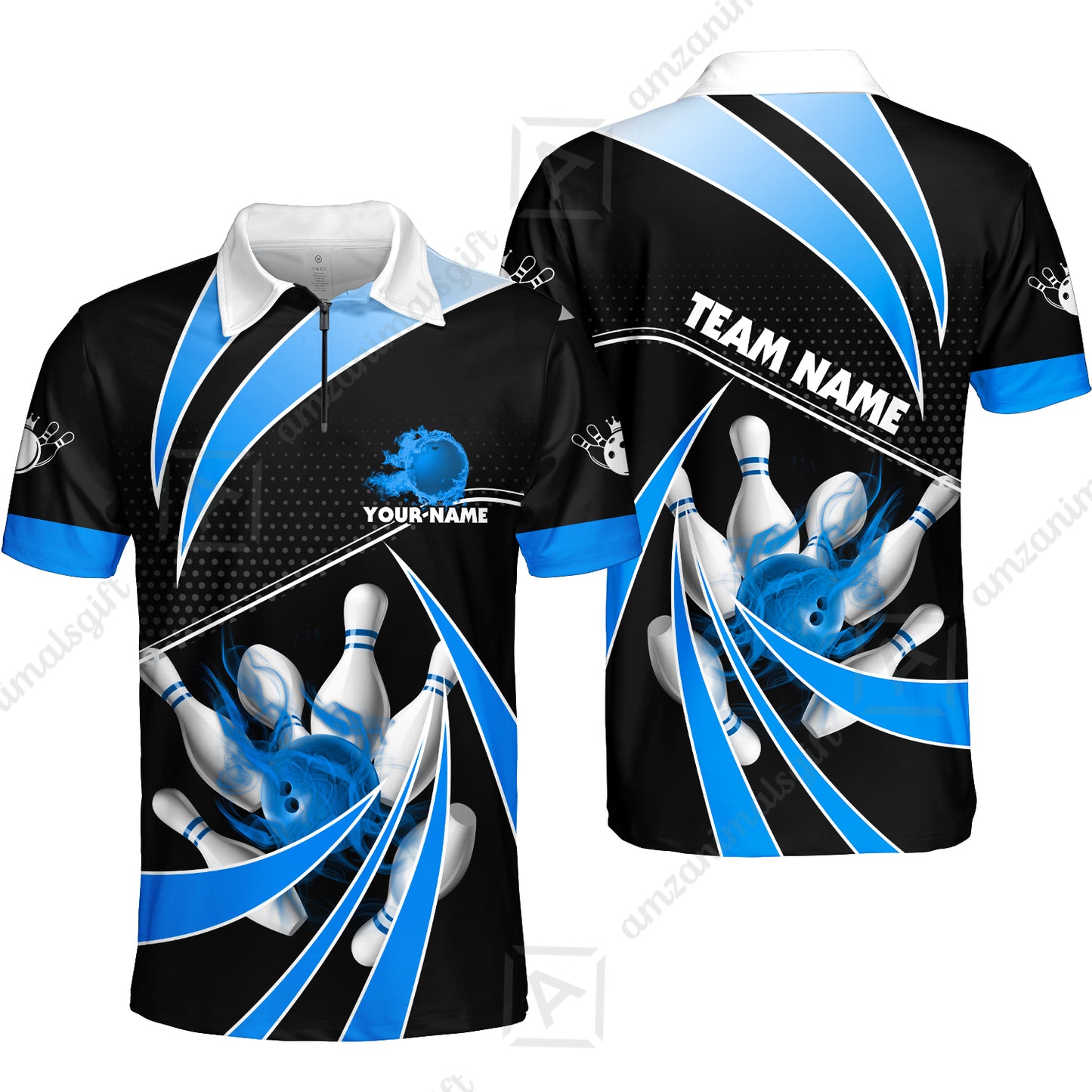 Customized Bowling Quarter-Zip Polo Shirt, Bowling Ball & Pins Fire Light Sport Zip Polo Shirt Multicolor Option For Bowlers