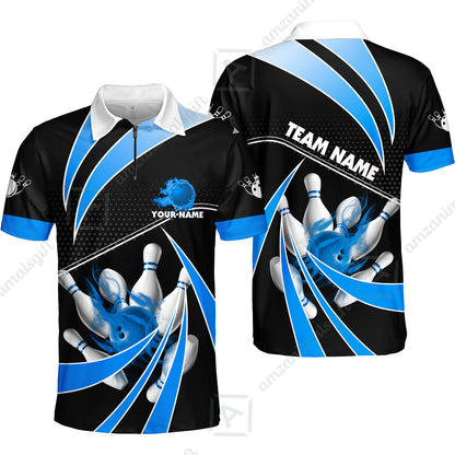 Customized Bowling Quarter-Zip Polo Shirt, Bowling Ball & Pins Fire Light Sport Zip Polo Shirt Multicolor Option For Bowlers