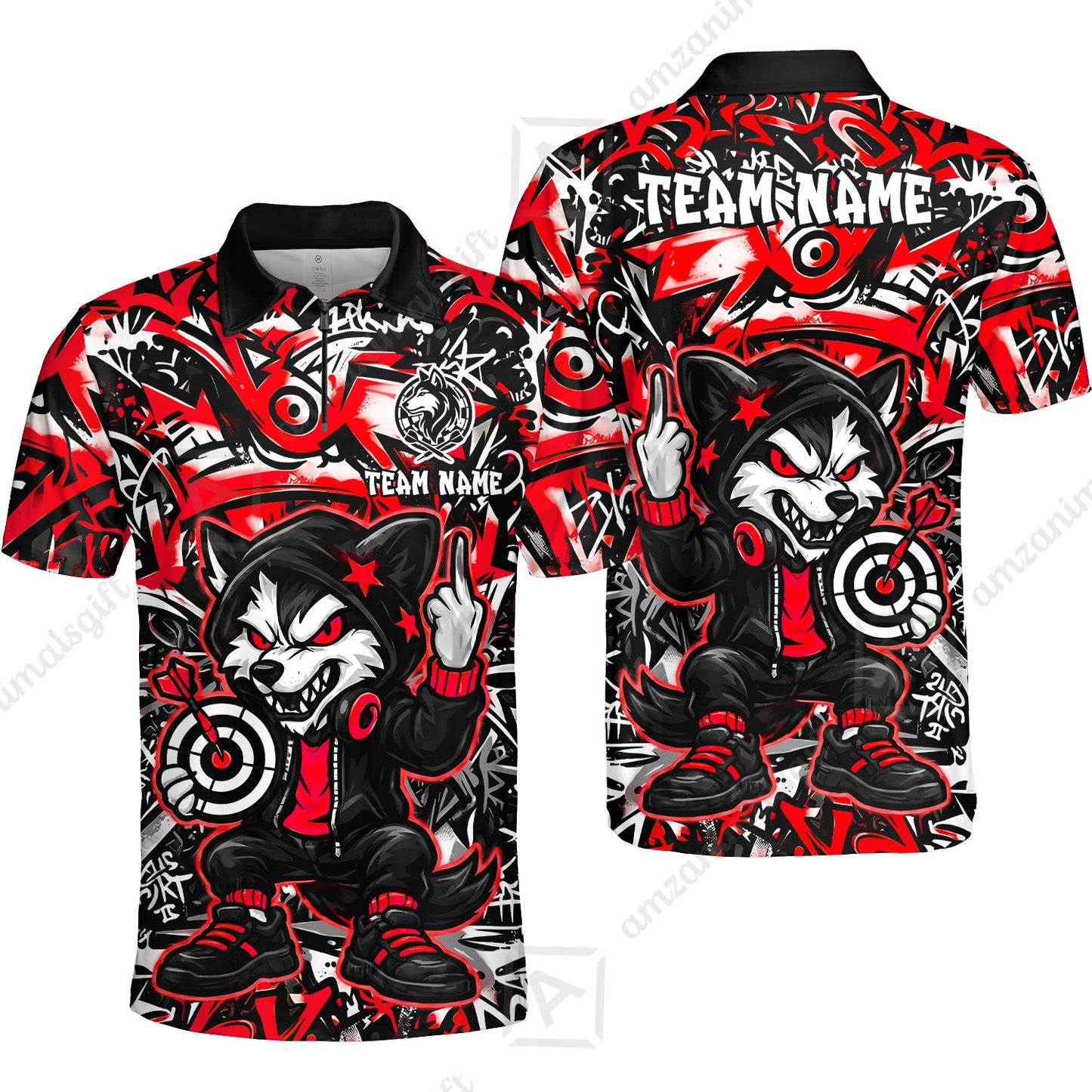 Customized Darts Team Uniform Shirt, Cool Cartoon Wolf With Dartboard, Personalized Name And Team Name