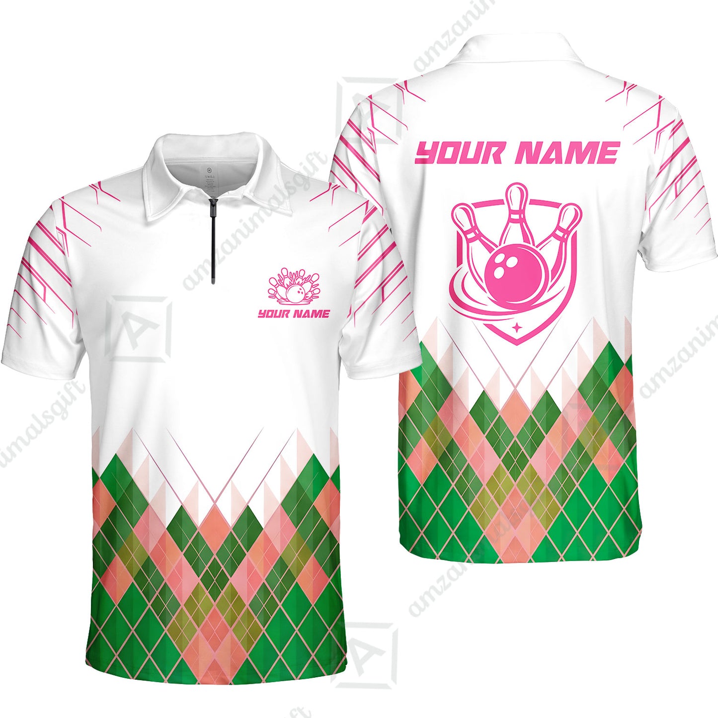 Custom Bowling Jersey Polo Shirt, Green Argyle Pattern Bowling Custom Bowling Jersey Team Shirt For Players With Name & Team Name