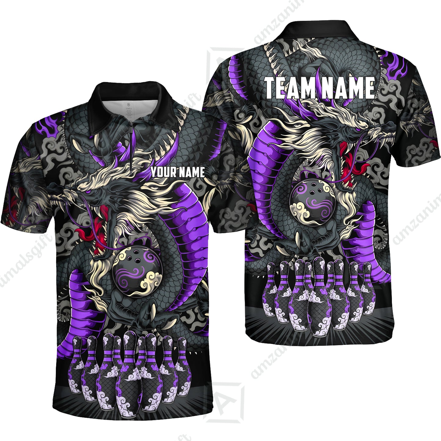 Custom Bowling Jersey Polo Shirt, Oriental Jade Dragon & Classic Clouds, Custom Bowling Jersey Team Shirt For Players With Name & Team Name