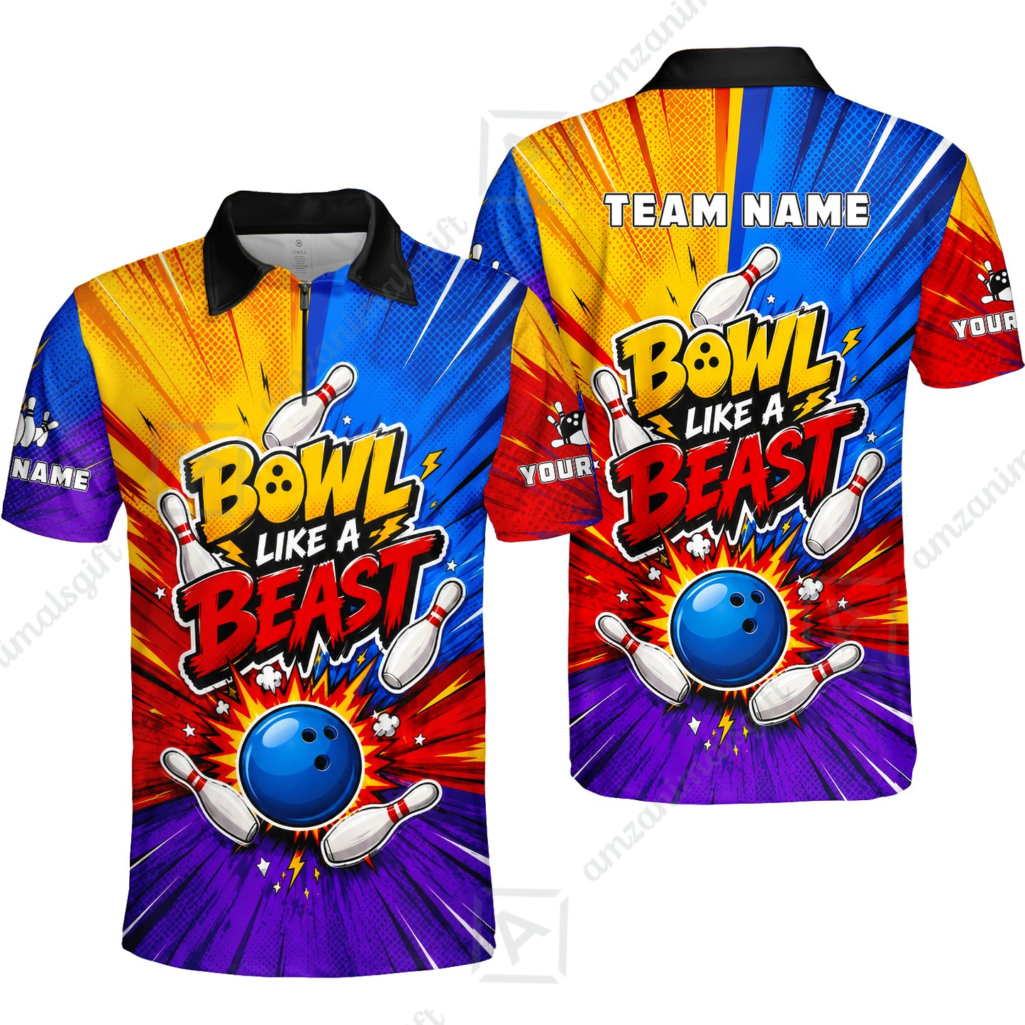 Custom Bowling Jersey Polo Shirt, Comic Pop Art Beast Mode Blast, Custom Bowling Jersey Team Shirt For Players With Name and Team Name