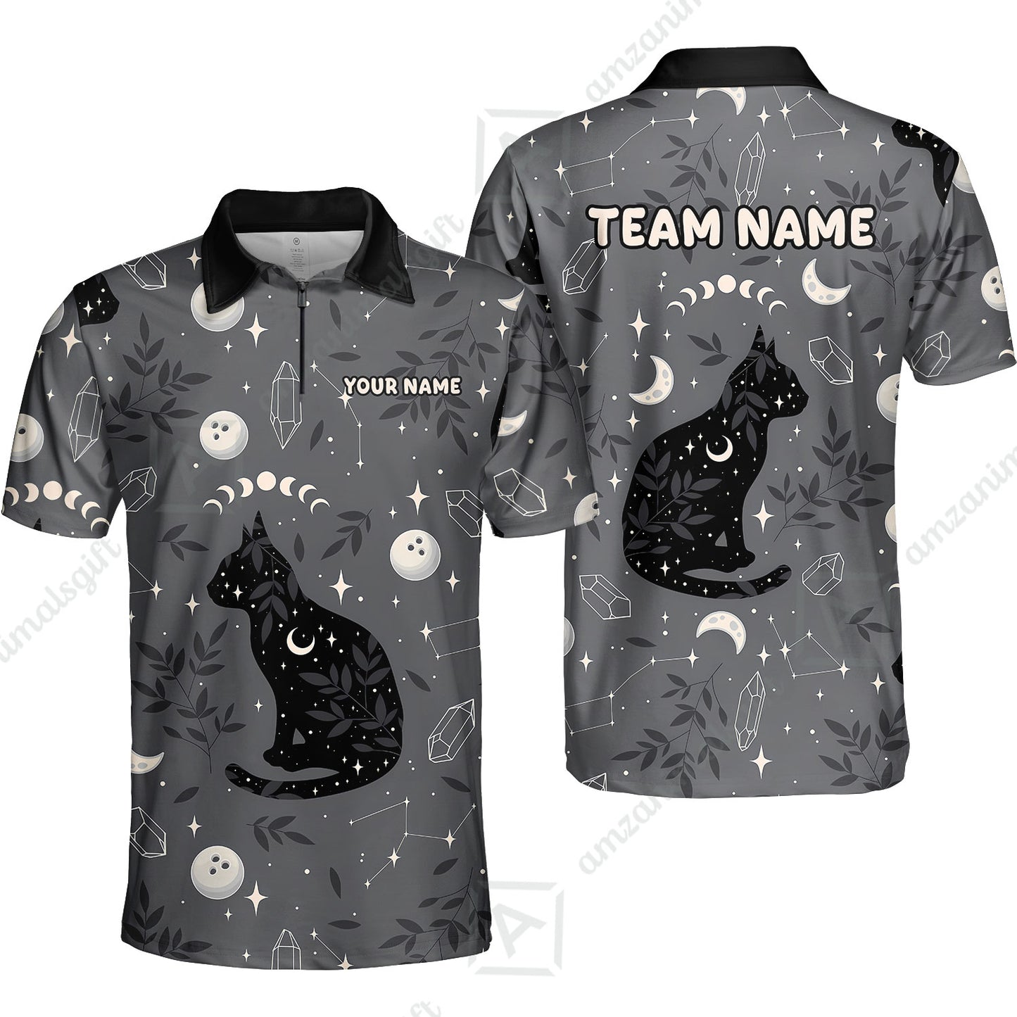 Custom Bowling Jersey Polo Shirt, Black Cat Moon Bowling Grass, Personalized Name And Team Name